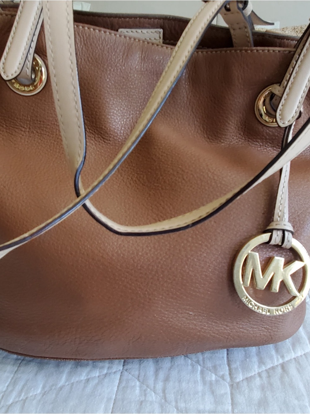 Michael Kors Tan and Cream Leather Tote with Gold MK Charm